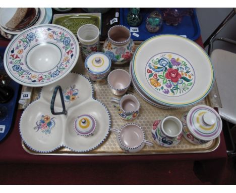 Poole Pottery, all decorated with stylised flowers to include, vases, bowls, Hors D'oeuvre's, plates, Wessex industrial truck