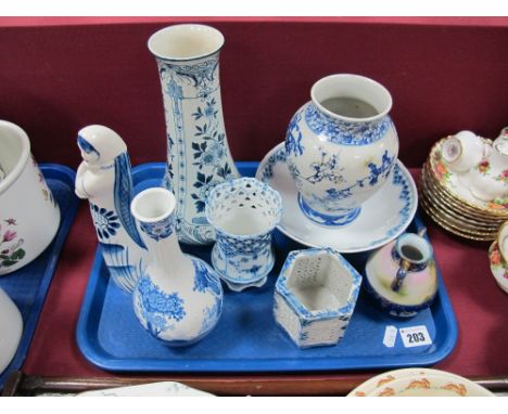 A Royal Copenhagen 'Blue Lace' Vase, height 11.5cms, a Bing and Grondahl pedestal dish, Noritake twin handled vase, Spode bot