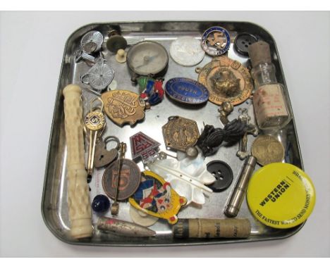 Enamel Pin Badges, cuff links, compass, mother of pearl chip brooch, heart shaped lock, needle case etc:- One Tray 