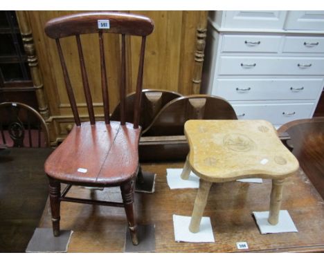 A Childs Painted Elm Stick Back Country Chair, on ring turned stretchered legs, and a Sherwood oak 'Wren Craftsmen' stool wit