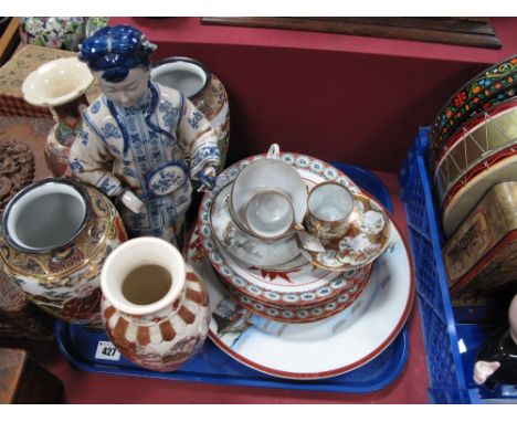 Early XX Century and Later Oriental Wares, including Satsuma vase of ovoid form, a pair of shouldered ovoid vases with enamel