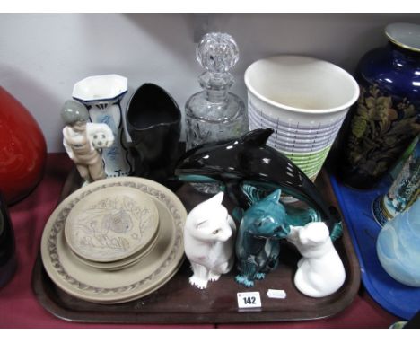 Poole Pottery Model of a Dolphin, two cats, six stoneware animal plates, seal, Nao footballer, Denby German and Sylvac vases,