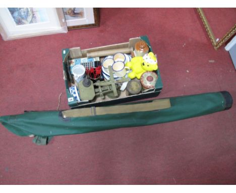 A Split Cane Fishing Rod, enamel wares, scales, T1-1025 calculator, pottery Pudsey bear novelty bank, tins, brewery water jug