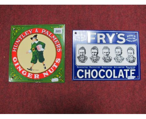 Two Late XX Century Reproduction Advertising Enamel Signs, including 'Huntley and Palmers Ginger Nuts' and 'Fry's Chocolate' 