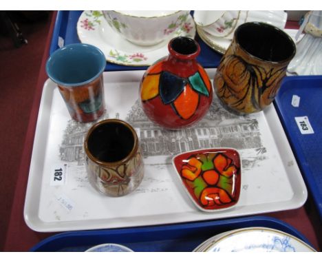 Poole Pottery, 1970's quadrilateral dish, 9.5cms wide, Aegean vase numbered 31, another similar, two later examples. (5) 
