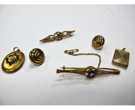 A XIX Century Oval Locket Pendant, highlighted in black enamel; two bar brooches, pair of earstuds etc. 