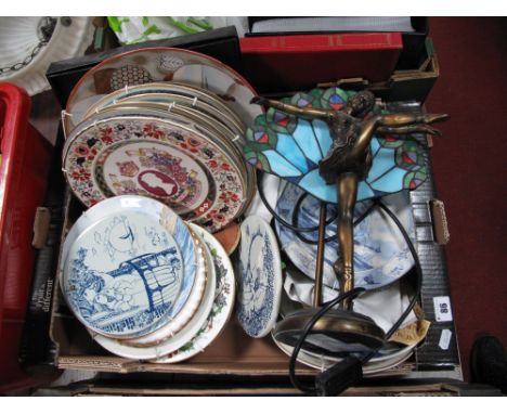Quantity of ceramic Plates, and Tiffany style lamp (damaged):- One Box 