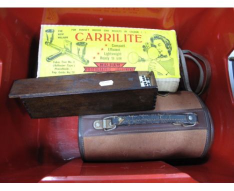 A Cased Pair of 1932 Lignum Vitae Bowling Bowls, by A.J.Foster of Birmingham, a 'Carrilite' photographic sight, collar box ca