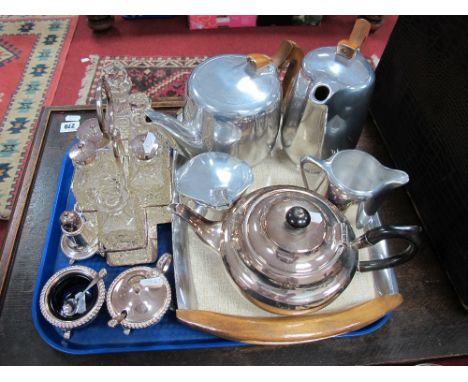 A Five Piece Piquot Ware Tea Service (With Tray), a six section table cruet in an electroplated stand, three piece condiment 