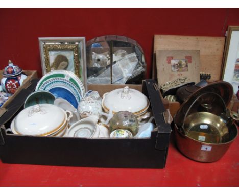 A Brass Jam Pan, candlesticks, display unit, Agfa camera box, prints, Maddock, dinner service, postcards in album, etc. 