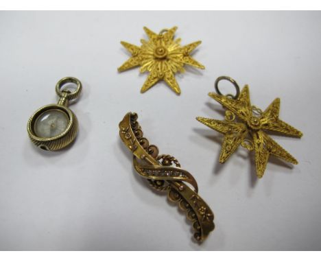 A Filigree Maltese Cross Pendant/ Brooch, together with a similar pendant, a compass pendant and a 15ct gold bar brooch. (4) 