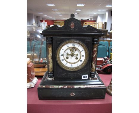 XIX Century Black Slate Mantel clock, with a white enamel dial, Roman numerals, plinth base. 