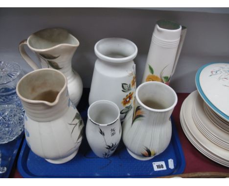Radford Pottery, three vases, and three jug vases:- One Tray