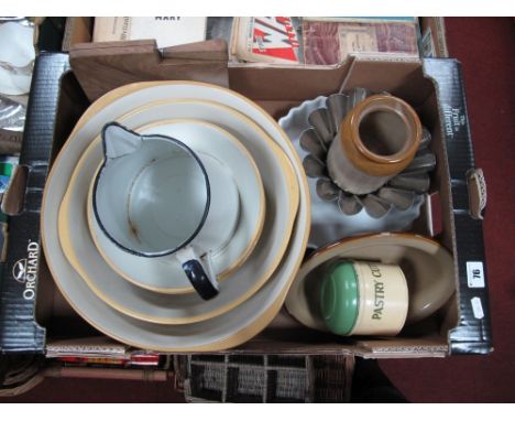 Four Mid XX century Graduating Mixing Bowls, enamel jug, pastry cutter set, stoneware jar, and other kitchenwares:- One Box 