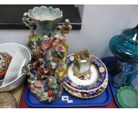 Pair of XIX Century Spode Dinner plates and a Soup Bowl, vase, Chinese pottery figure group, English brass cased carriage clo