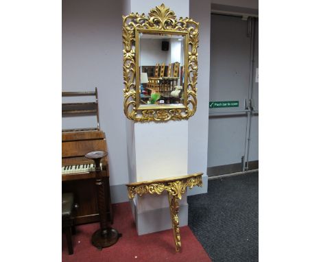 Rectangular Bevelled Wall Mirror, in Italian gilt scroll work frame, 95cms high, together with similar console wall table. 