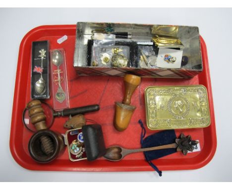 Silver Enamel Cricket Medal, W.W.I tin, badges, turned nutcracker. love spoon magnifier etc:- One Tray