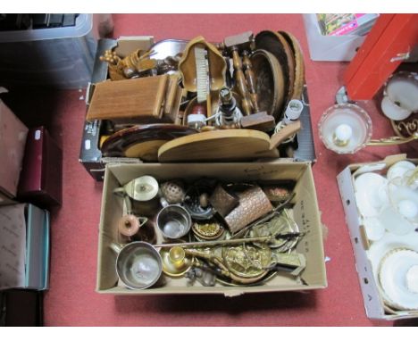 Carved Wooden Bowls, frames, hall brush set, fruit bowls, trinket box, other wooden wares, Victorian copper tankards decorati