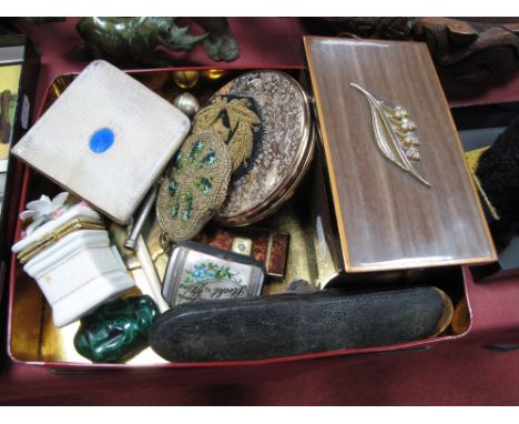 Military Issue Whistle, souvenir purse, pince-nez, trinket boxes, beaded purse, Calibri lighter, compact etc. 