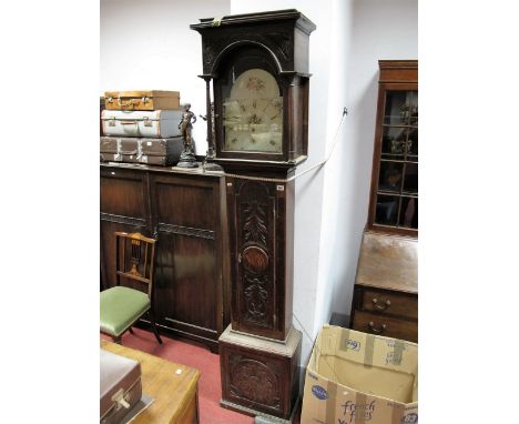 A Late XVIII Early XIX Century Carved Oak Thirty Hour Grandfather Clock by Hawkeswell Brompton, the white dial with Roman num