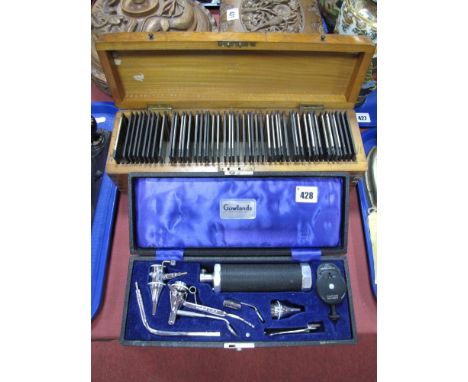A Quantity of Medical Themed Magic Lantern Slides, (over forty five), in a fitted case, and Gowlands auroscope and ophamoscop