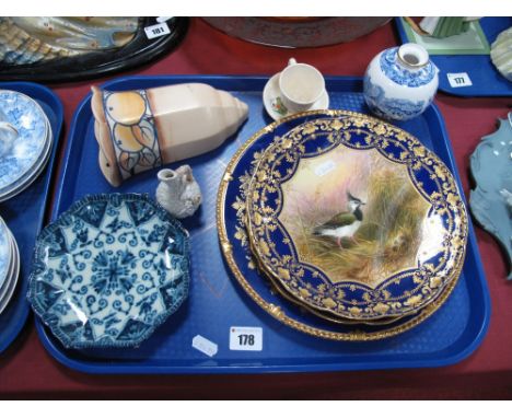 A Couldon 1930's Wall Pocket, J.Birbecksen 'Lapwing' plate (repaired), another by J.C.Eyre, spode circular spill vase, marqui