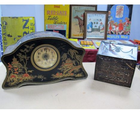 A Circa 1920's Tinplate Arched Mantel Clock, printed with chromolithograph decoration in the black Chinoiserie manner, length