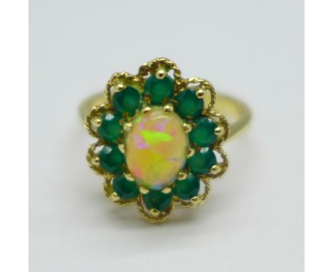 A 9ct gold, opal and emerald cluster ring, 3.6g, P 