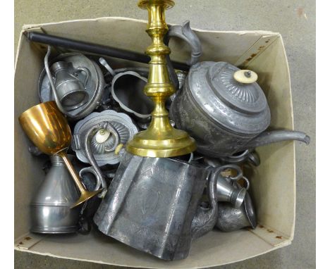 A box of mixed 19th Century and later pewter, a brass candlestick and a copper goblet **PLEASE NOTE THIS LOT IS NOT ELIGIBLE 