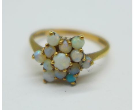 A 9ct gold and opal cluster ring, 1.6g, L 