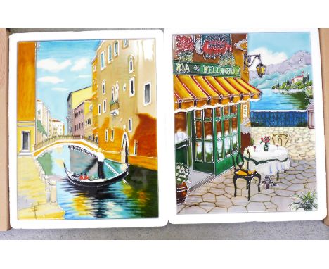 Two ceramic wall art plaques, Venice and Italian lake scene 