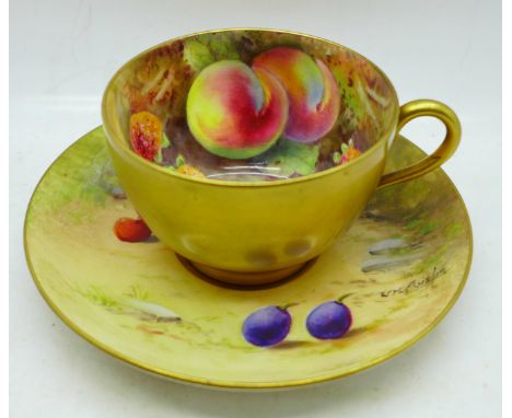 A hand painted Royal Worcester cup and saucer, the saucer signed W H Austin and the cup signed R Austin, circa 1924/5 