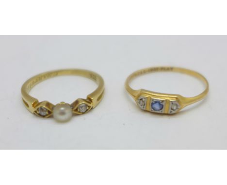 Two early 20th Century 18ct gold rings, one set with diamond and pearl and with inscription, '20.9.02 Chartfield', total weig
