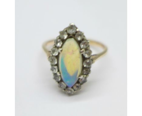 A yellow and white metal set, white stone and opal ring, 2.7g, M, opal chipped 