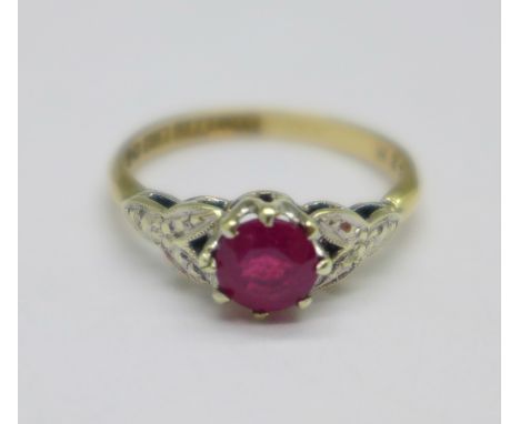A 9ct gold and ruby solitaire ring, 2g, K 