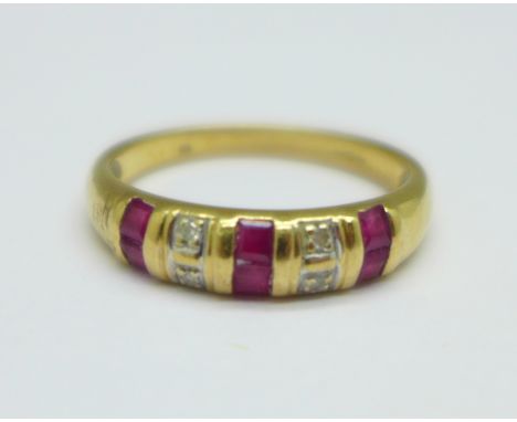 A 9ct gold, ruby and diamond ring, 2.2g, O 