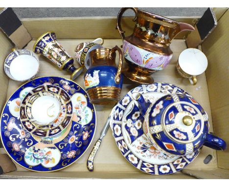 A Royal Crown Derby Imari vase, cups, saucers, an Imari teapot, copper lustre jugs, some a/f 