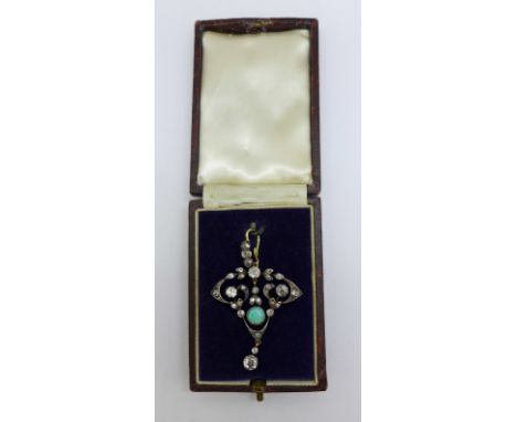 A Victorian opal and diamond pendant, 33mm wide, (gold back and silver settings) 