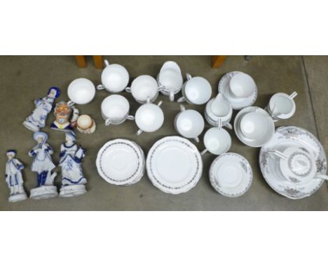 Two china tea services including Noritake and Royal Standard and four blue and white continental figures **PLEASE NOTE THIS L