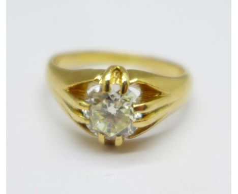A yellow metal set diamond solitaire ring, approximately 1.2carat weight, 6.4g, R 