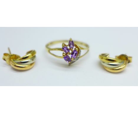 A pair of 9ct gold earrings and a 9ct gold ring, 3.2g, ring size O 