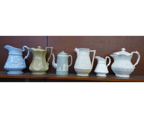 Five 19th Century jugs including a Leeds Don Pottery relief moulded jug and cover, cira 1820-30, a salt glaze relief moulded 