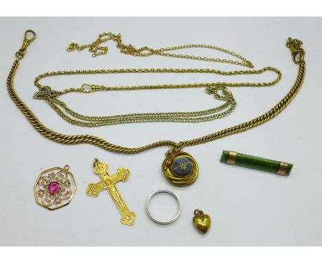 A 9ct gold and jade brooch, three neck chains, two rings and four pendants, (brooch lacking pin) 
