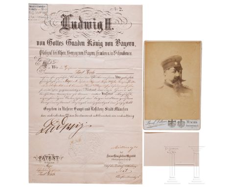 König Ludwig II. - Patent für den Major Karl Lorch, datiert 1881  Gefaltetes Doppelblatt mit Blindprägesiegel und originaler 