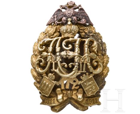Abzeichen des 172. Lidsky-Infanterieregiments, Russland, um 1910  Abzeichen aus Bronze, teils vergoldet. Aufgelegter Doppelad