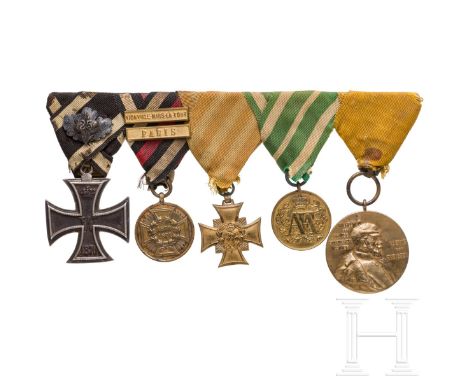 Fünfteilige Ordensschnalle eines sächsischen Teilnehmers am Krieg 1870/71  Jeweils am Dreiecksband: EK 2 (Öse repariert) von 
