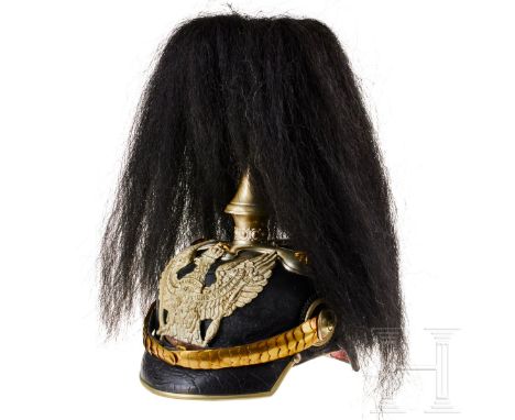 A helmet for Prussian Dragoon Officers, with bush Black lacquered leather body; front visor with green underlay, rear visor w
