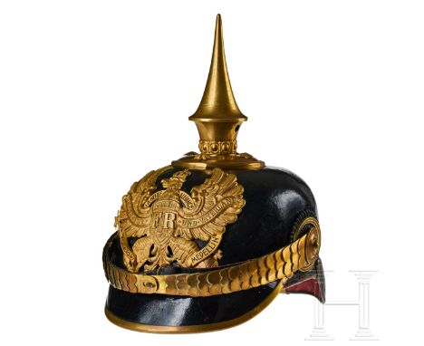 A helmet for Prussian IR 88 Officers Black lacquered leather body; front visor with green underlay, rear visor with red under