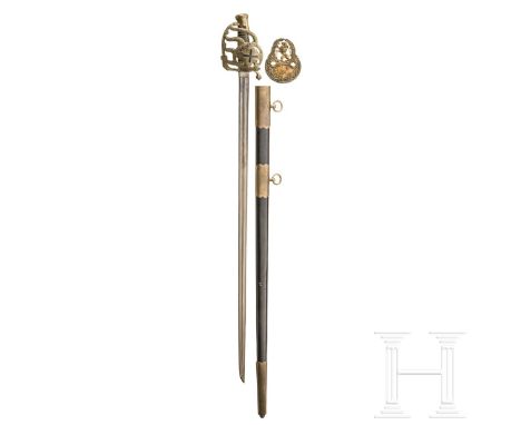 Säbel der Mousquetaires du Roi, Modell 1814, Sammleranfertigung des 20. Jhdts., sowie Tschako-Emblem  Schlanke, beidseitig do