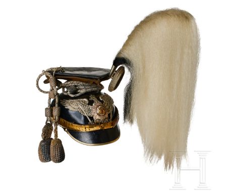 A czapka for Prussian 3rd Guard Uhlan Officers Black lacquered leather body, rounded front visor; silver front visor trim; si